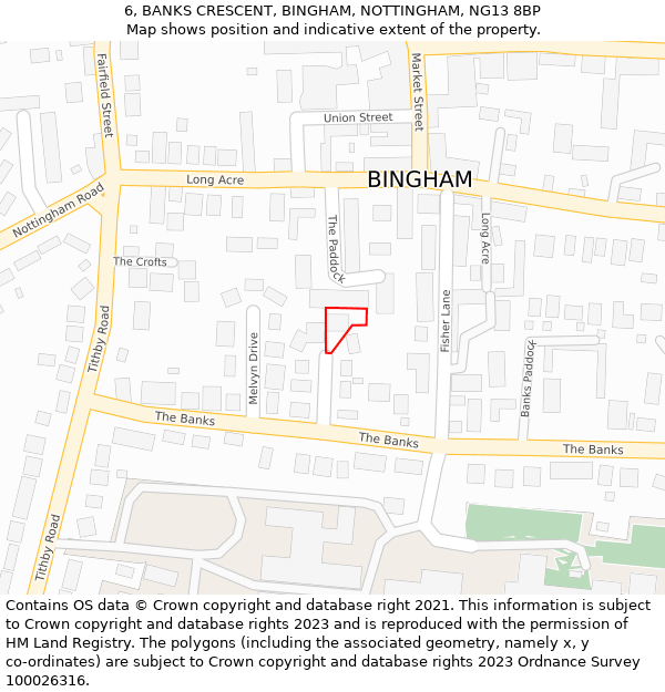 6, BANKS CRESCENT, BINGHAM, NOTTINGHAM, NG13 8BP: Location map and indicative extent of plot