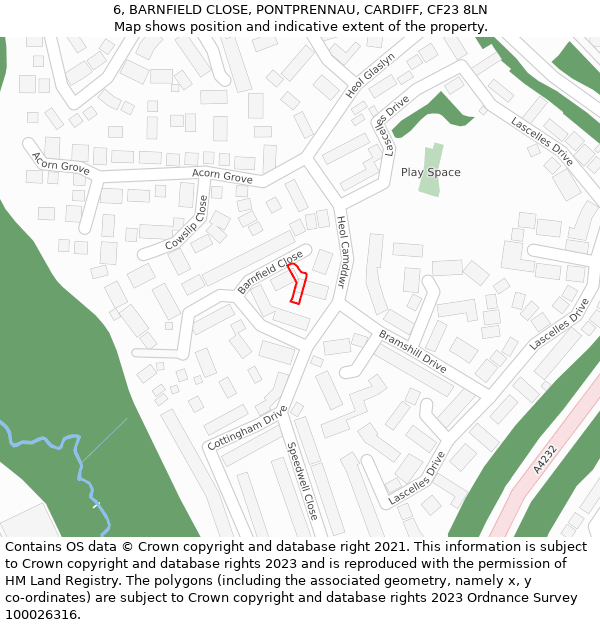 6, BARNFIELD CLOSE, PONTPRENNAU, CARDIFF, CF23 8LN: Location map and indicative extent of plot
