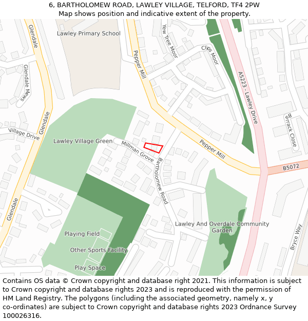 6, BARTHOLOMEW ROAD, LAWLEY VILLAGE, TELFORD, TF4 2PW: Location map and indicative extent of plot