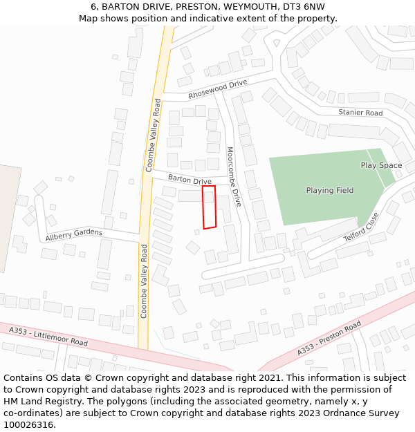 6, BARTON DRIVE, PRESTON, WEYMOUTH, DT3 6NW: Location map and indicative extent of plot