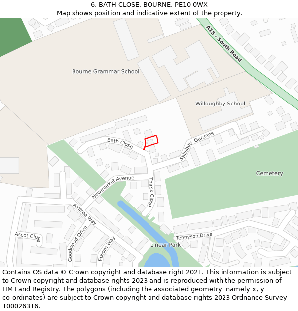 6, BATH CLOSE, BOURNE, PE10 0WX: Location map and indicative extent of plot