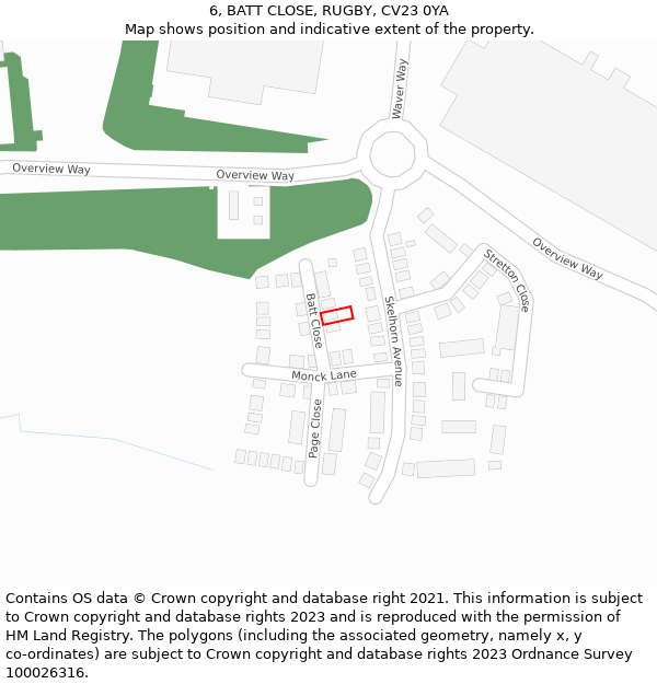 6, BATT CLOSE, RUGBY, CV23 0YA: Location map and indicative extent of plot