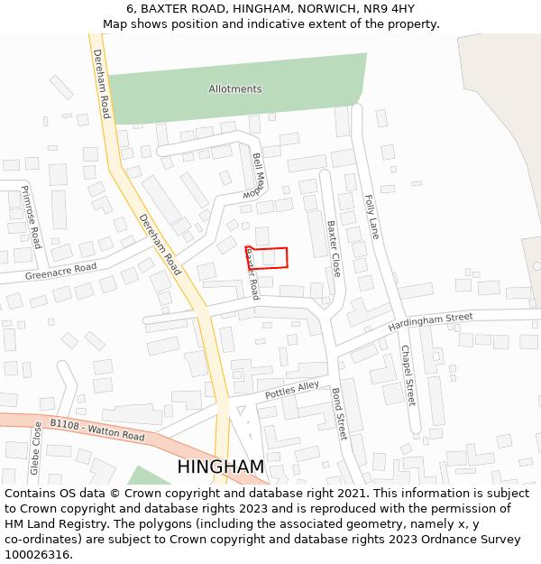 6, BAXTER ROAD, HINGHAM, NORWICH, NR9 4HY: Location map and indicative extent of plot