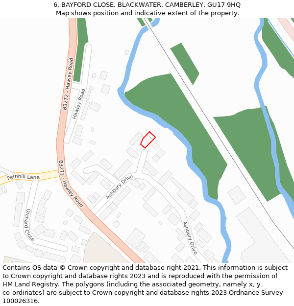 6, BAYFORD CLOSE, BLACKWATER, CAMBERLEY, GU17 9HQ: Location map and indicative extent of plot