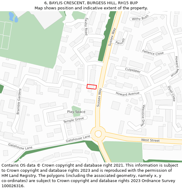 6, BAYLIS CRESCENT, BURGESS HILL, RH15 8UP: Location map and indicative extent of plot