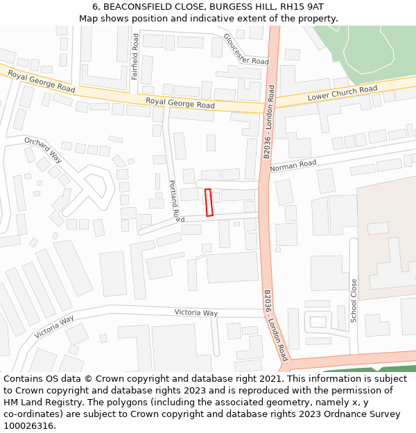 6, BEACONSFIELD CLOSE, BURGESS HILL, RH15 9AT: Location map and indicative extent of plot