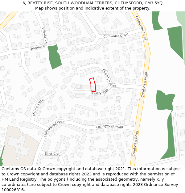 6, BEATTY RISE, SOUTH WOODHAM FERRERS, CHELMSFORD, CM3 5YQ: Location map and indicative extent of plot
