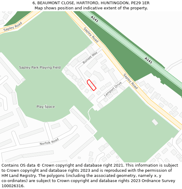 6, BEAUMONT CLOSE, HARTFORD, HUNTINGDON, PE29 1ER: Location map and indicative extent of plot