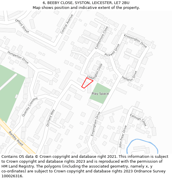 6, BEEBY CLOSE, SYSTON, LEICESTER, LE7 2BU: Location map and indicative extent of plot