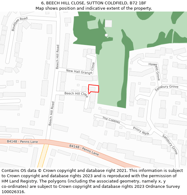 6, BEECH HILL CLOSE, SUTTON COLDFIELD, B72 1BF: Location map and indicative extent of plot