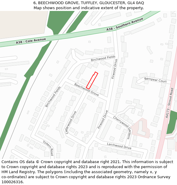 6, BEECHWOOD GROVE, TUFFLEY, GLOUCESTER, GL4 0AQ: Location map and indicative extent of plot