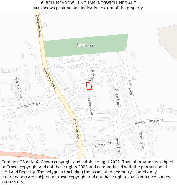 6, BELL MEADOW, HINGHAM, NORWICH, NR9 4HT: Location map and indicative extent of plot