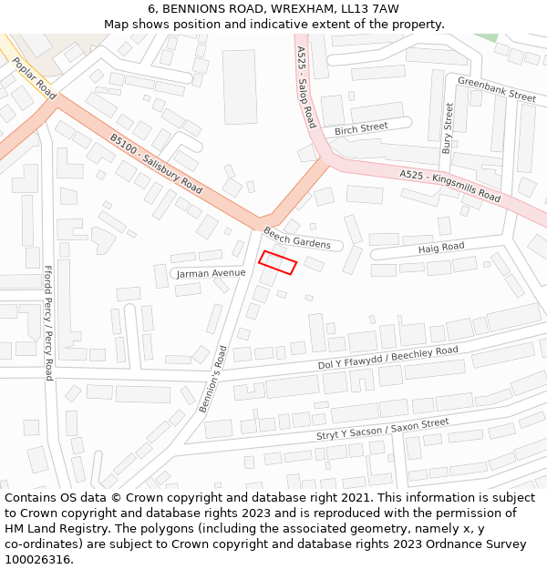 6, BENNIONS ROAD, WREXHAM, LL13 7AW: Location map and indicative extent of plot