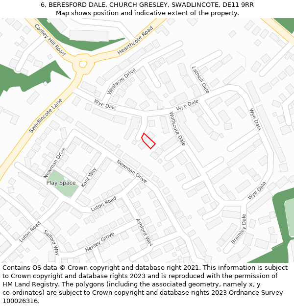 6, BERESFORD DALE, CHURCH GRESLEY, SWADLINCOTE, DE11 9RR: Location map and indicative extent of plot