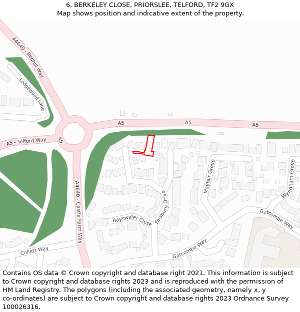 6, BERKELEY CLOSE, PRIORSLEE, TELFORD, TF2 9GX: Location map and indicative extent of plot