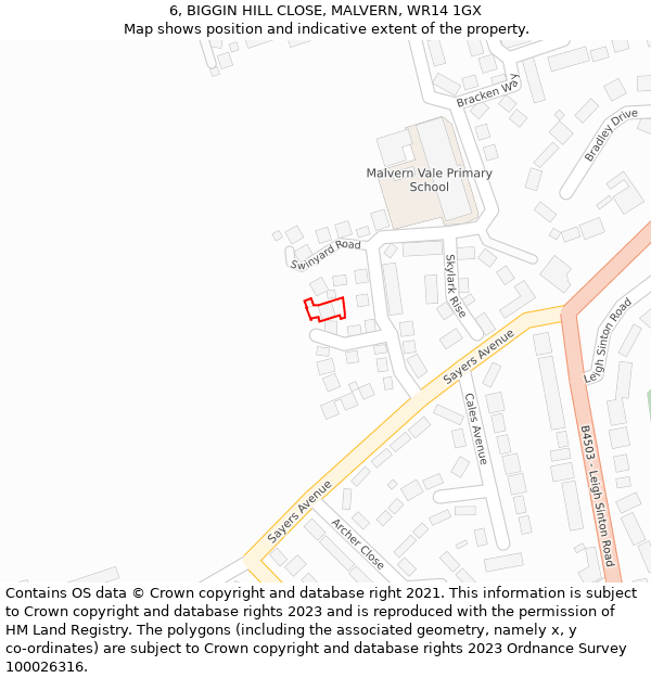 6, BIGGIN HILL CLOSE, MALVERN, WR14 1GX: Location map and indicative extent of plot