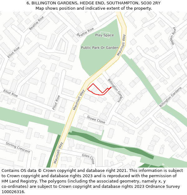 6, BILLINGTON GARDENS, HEDGE END, SOUTHAMPTON, SO30 2RY: Location map and indicative extent of plot