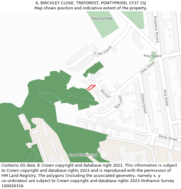 6, BIRCHLEY CLOSE, TREFOREST, PONTYPRIDD, CF37 1SJ: Location map and indicative extent of plot