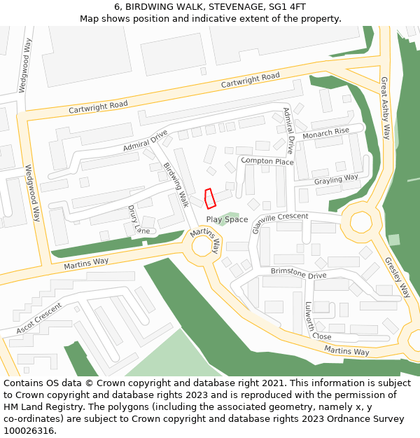 6, BIRDWING WALK, STEVENAGE, SG1 4FT: Location map and indicative extent of plot