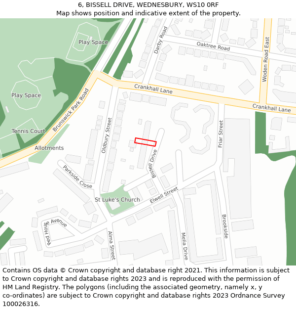 6, BISSELL DRIVE, WEDNESBURY, WS10 0RF: Location map and indicative extent of plot