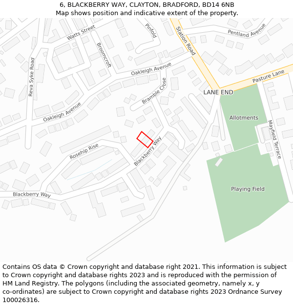 6, BLACKBERRY WAY, CLAYTON, BRADFORD, BD14 6NB: Location map and indicative extent of plot