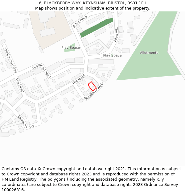 6, BLACKBERRY WAY, KEYNSHAM, BRISTOL, BS31 1FH: Location map and indicative extent of plot