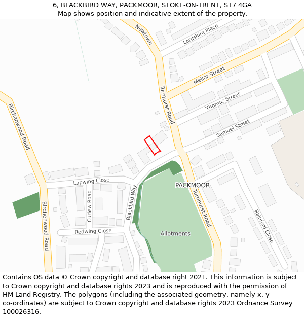 6, BLACKBIRD WAY, PACKMOOR, STOKE-ON-TRENT, ST7 4GA: Location map and indicative extent of plot
