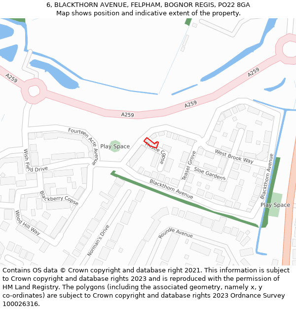 6, BLACKTHORN AVENUE, FELPHAM, BOGNOR REGIS, PO22 8GA: Location map and indicative extent of plot