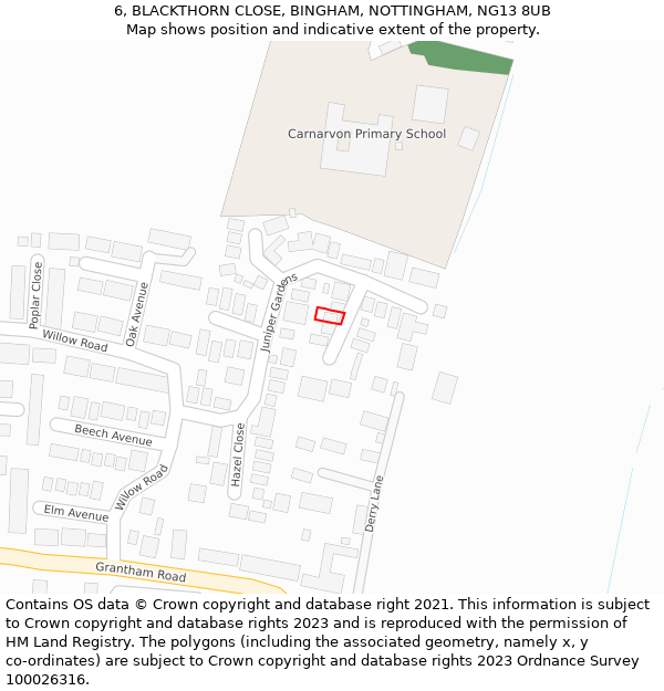 6, BLACKTHORN CLOSE, BINGHAM, NOTTINGHAM, NG13 8UB: Location map and indicative extent of plot