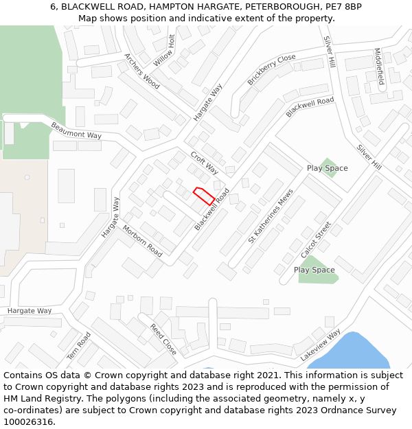 6, BLACKWELL ROAD, HAMPTON HARGATE, PETERBOROUGH, PE7 8BP: Location map and indicative extent of plot