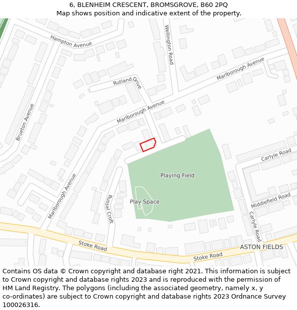 6, BLENHEIM CRESCENT, BROMSGROVE, B60 2PQ: Location map and indicative extent of plot