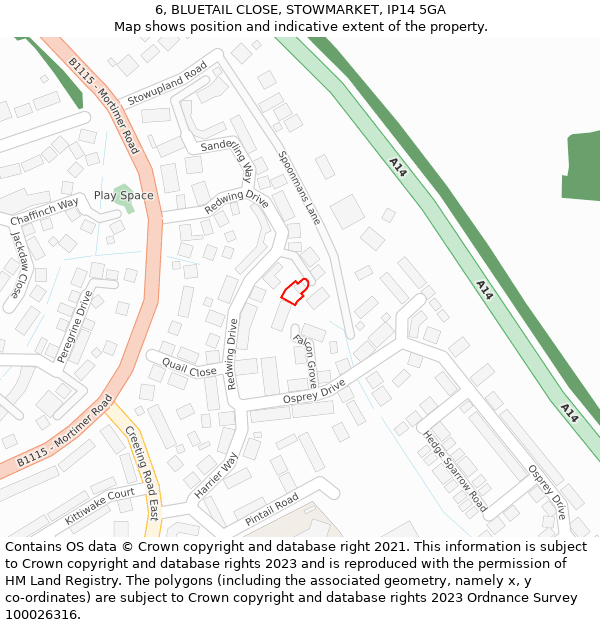 6, BLUETAIL CLOSE, STOWMARKET, IP14 5GA: Location map and indicative extent of plot