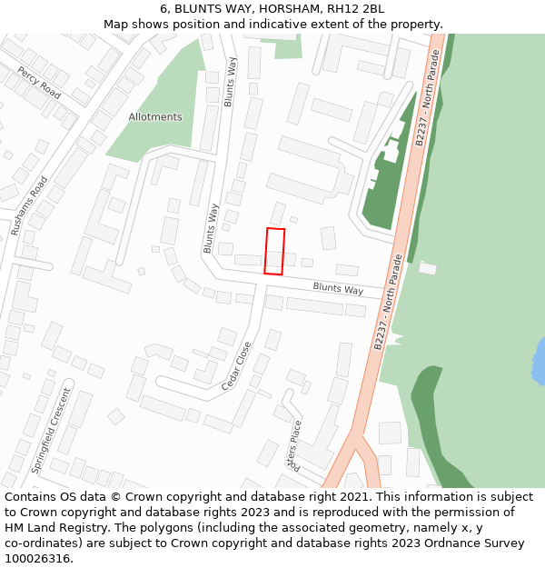 6, BLUNTS WAY, HORSHAM, RH12 2BL: Location map and indicative extent of plot