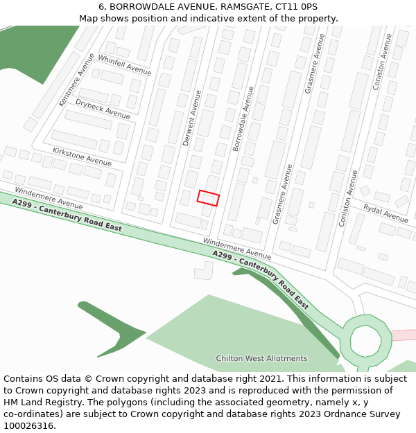 6, BORROWDALE AVENUE, RAMSGATE, CT11 0PS: Location map and indicative extent of plot