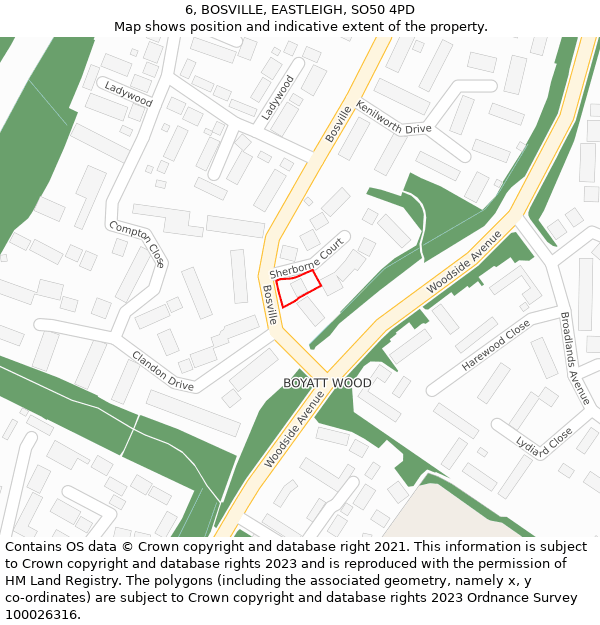 6, BOSVILLE, EASTLEIGH, SO50 4PD: Location map and indicative extent of plot