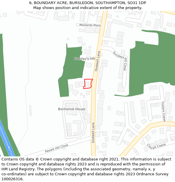 6, BOUNDARY ACRE, BURSLEDON, SOUTHAMPTON, SO31 1DP: Location map and indicative extent of plot