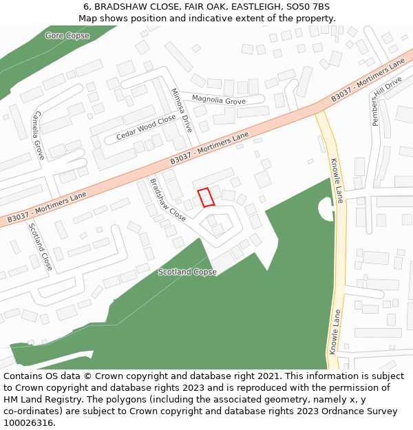 6, BRADSHAW CLOSE, FAIR OAK, EASTLEIGH, SO50 7BS: Location map and indicative extent of plot