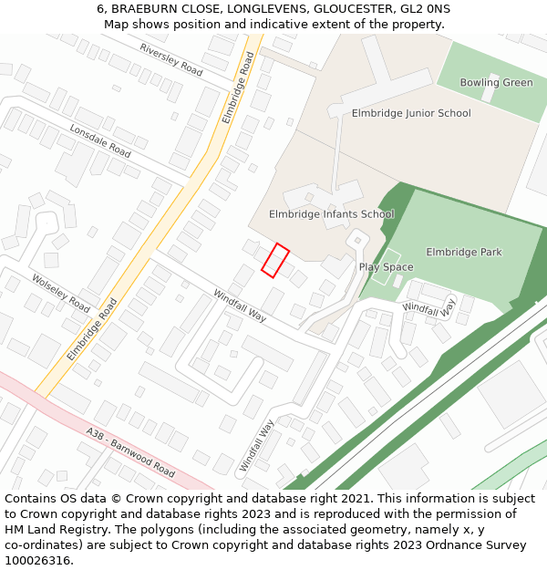 6, BRAEBURN CLOSE, LONGLEVENS, GLOUCESTER, GL2 0NS: Location map and indicative extent of plot