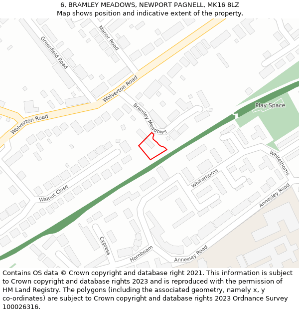 6, BRAMLEY MEADOWS, NEWPORT PAGNELL, MK16 8LZ: Location map and indicative extent of plot