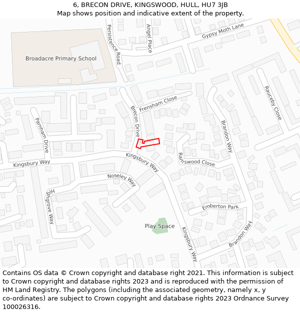 6, BRECON DRIVE, KINGSWOOD, HULL, HU7 3JB: Location map and indicative extent of plot