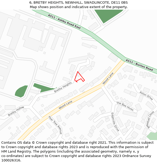 6, BRETBY HEIGHTS, NEWHALL, SWADLINCOTE, DE11 0BS: Location map and indicative extent of plot