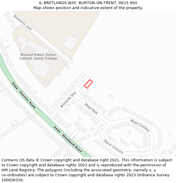 6, BRETLANDS WAY, BURTON-ON-TRENT, DE15 9SH: Location map and indicative extent of plot