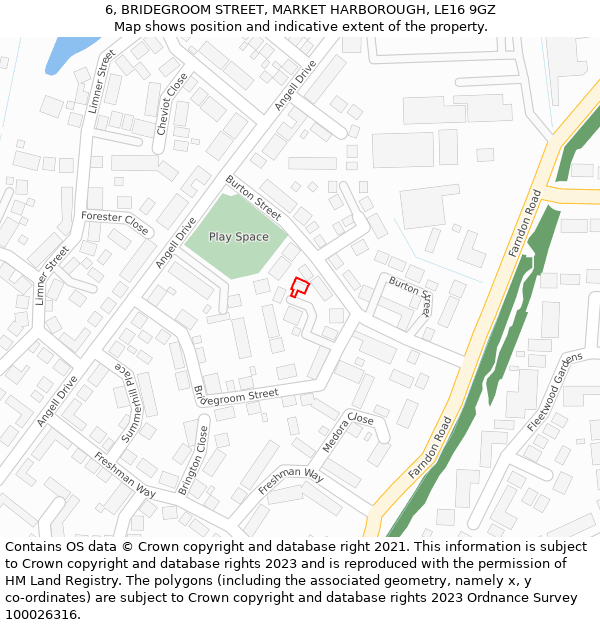 6, BRIDEGROOM STREET, MARKET HARBOROUGH, LE16 9GZ: Location map and indicative extent of plot