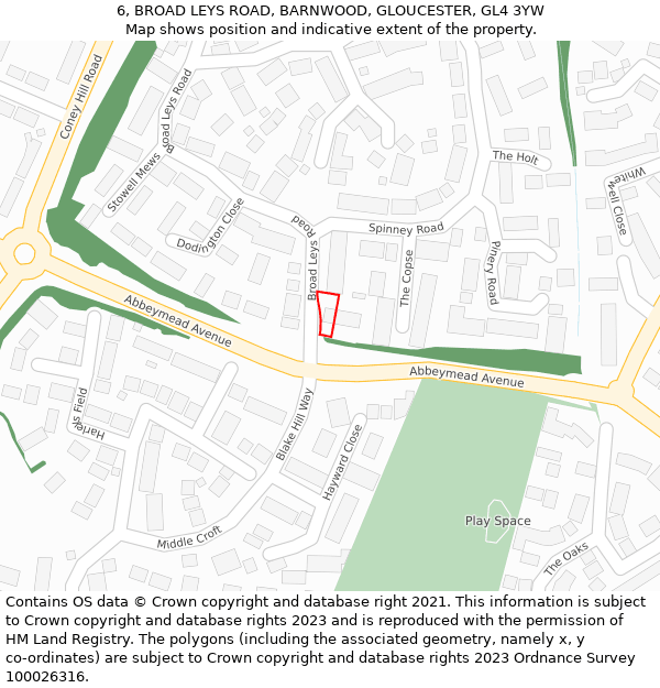 6, BROAD LEYS ROAD, BARNWOOD, GLOUCESTER, GL4 3YW: Location map and indicative extent of plot