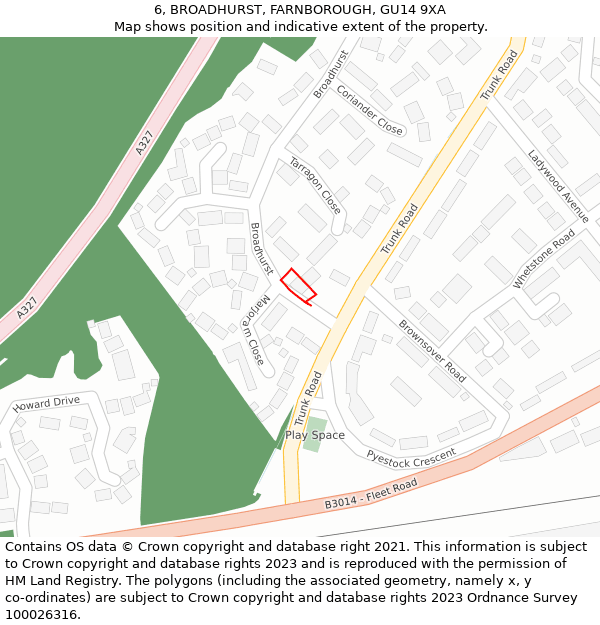 6, BROADHURST, FARNBOROUGH, GU14 9XA: Location map and indicative extent of plot