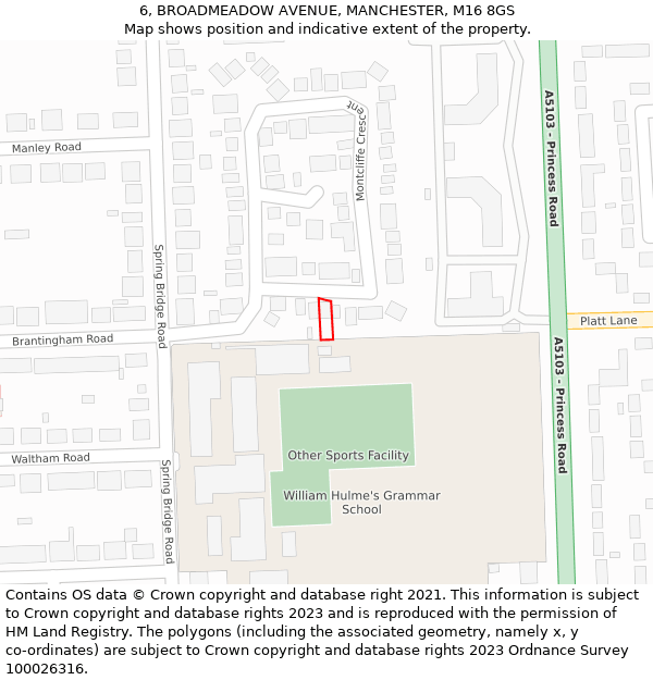 6, BROADMEADOW AVENUE, MANCHESTER, M16 8GS: Location map and indicative extent of plot