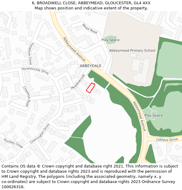 6, BROADWELL CLOSE, ABBEYMEAD, GLOUCESTER, GL4 4XX: Location map and indicative extent of plot
