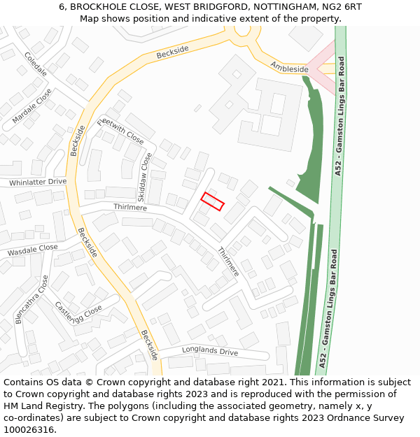 6, BROCKHOLE CLOSE, WEST BRIDGFORD, NOTTINGHAM, NG2 6RT: Location map and indicative extent of plot