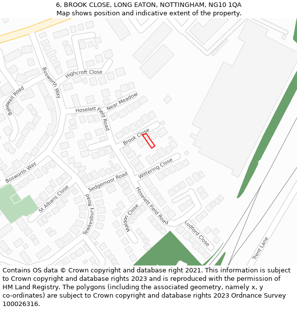 6, BROOK CLOSE, LONG EATON, NOTTINGHAM, NG10 1QA: Location map and indicative extent of plot