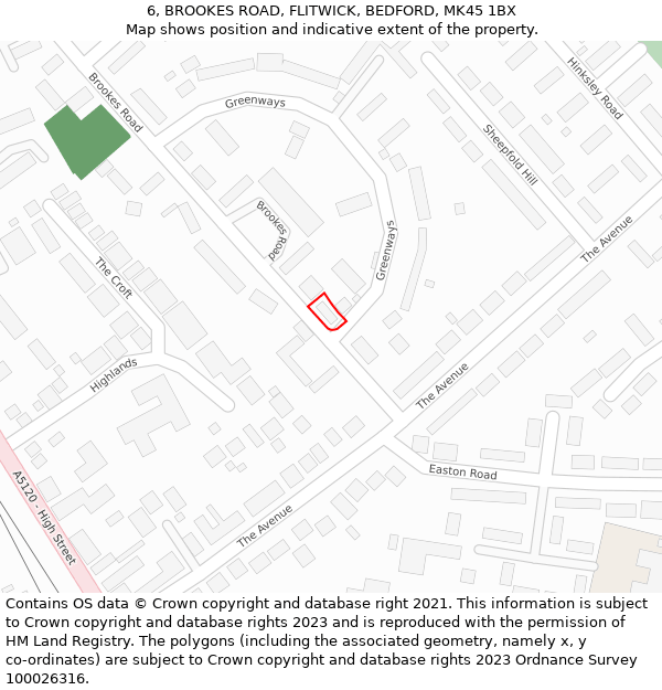 6, BROOKES ROAD, FLITWICK, BEDFORD, MK45 1BX: Location map and indicative extent of plot